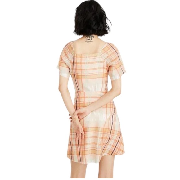 Madewell Silk Blend Orange Shimmer Plaid Mini Dress 2 NWT prairie boho - Picture 4 of 15